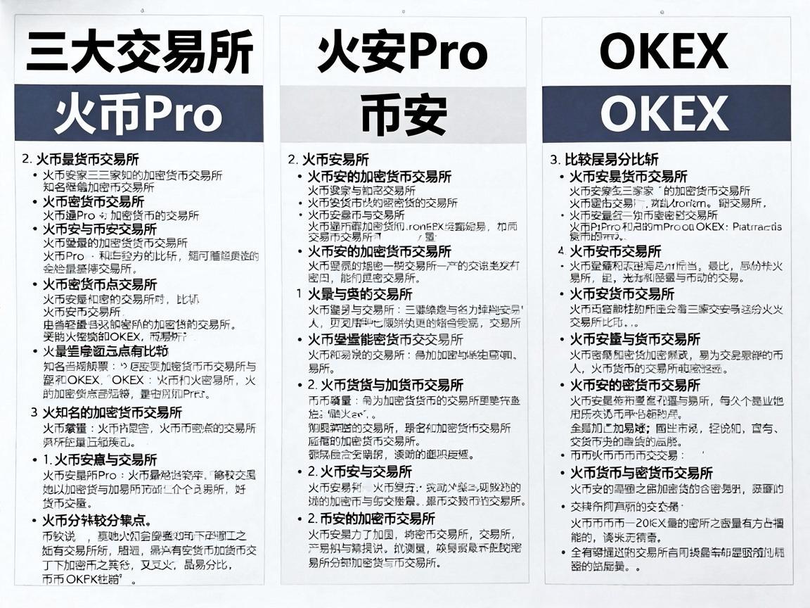 三大交易所,火币Pro、币安与OKEX的比较分析,本文将从多个维度对火币Pro、币安和OKEX这三家知名的加密货币交易所进行比较分析,以帮助读者更好地了解它们的特点和优势