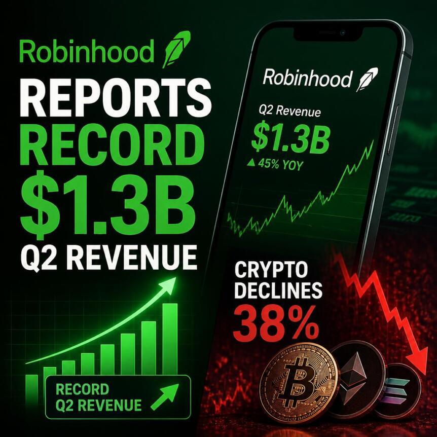 Robinhood第二季度营收创纪录达13亿美元，加密货币收入下降38%